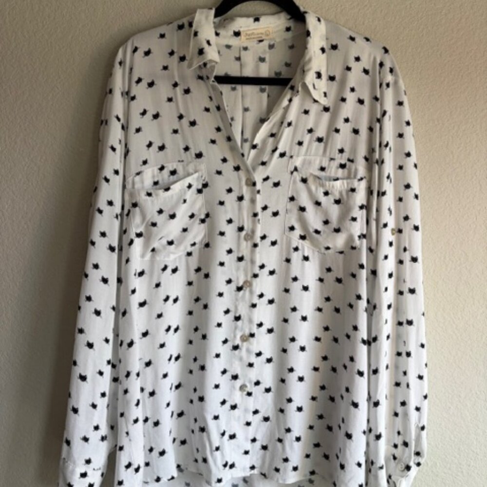 Just Living Black&White Cat Print Long Sleeve Roll Tab Blouse Large Novelty Boho - Picture 2 of 10